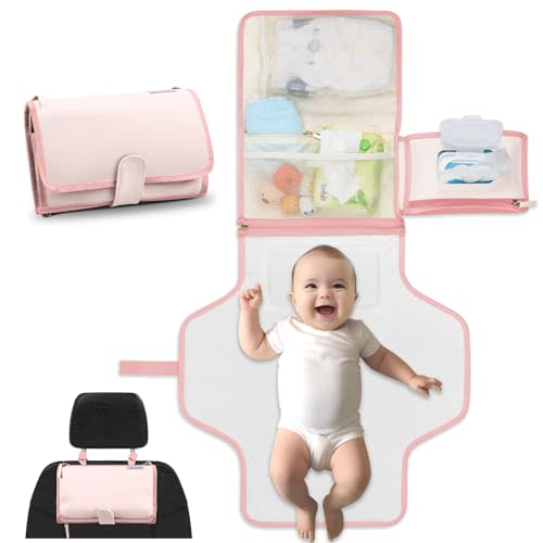 LilStinker Portable Diaper Changing Pad - Baby Diaper Changing Station - Diaper Changing Mat - Portable Changing Pad for Baby Travel Changing Pad for New Mom & Infant Gifts - Strawberries & Cream