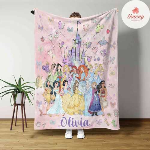 Personalized Disney Princess blanket, Watercolor Castle Coquette bows Blanket, Belle Rapunzel Tiana Ariel Elsa blanket, Birthday Girl gift
