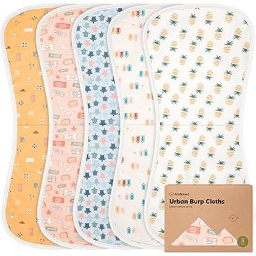 Organic Burp Cloths Baby Boy & Girl - 5-Pack Super Absorbent Cotton Burping Cloths for Babies, Soft & Plush Newborn Spit Up Rags, Infant Towels for Milk Spit Up, Unisex, Large 21" x 10" (Beach Day)