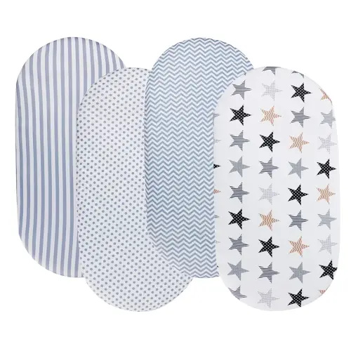Bassinet Sheets for Baby Boy and Girl, Stretchy Breathable Fitted Sheet Universal for Bassinet Cradle Hourglass Oval Rectangle Pad/Mattress, 4 Pack Stripes Dots Chevrons and Stars