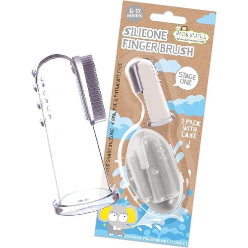 Jack N' Jill Stage 1 Silicone Finger Toothbrush - Baby Toothbrush 6 to 12 Months, Baby Oral Cleaner, Travel Size - Two Brushes Plus Case, (Pack of 1)
