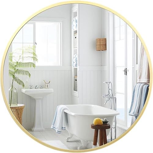 Gold Circle Mirror for Bathroom, 18 inch Round Mirror, HD Eco-Friendly Round Bathroom Mirror for Over Sink, Small Matte Gold Metal Framed Wall Mirror for Wall, Vanity, Entryway, Easy to Install