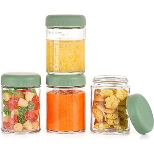 Haakaa Glass Baby Food Storage Container with Silicone Lid – 4pc 4 x 7oz,Premium Lab-quality Borosilicate Glass, Plastic-free, Freezer, Microwave & Ovensafe.