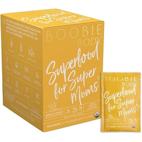 Boobie Body Superfood Protein Shake for Moms, Pregnancy and Lactation Support Protein Powder to Increase Milk Supply, Probiotics, Organic, Dairy-Free, Gluten-Free Vegan Vanilla Cookie Single Srv 10pk