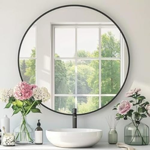 Black Round Mirror, Black Round Mirror 30 inch, Metal Frame, Circle Wall Mounted Mirrors for Bathroom, Living Room, Bedroom, Entryway, Vanity