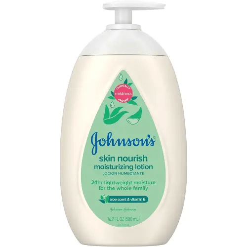 Johnson's Skin Nourish Moisturizing Baby Lotion with Aloe Vera Scent & Vitamin E, Gentle & Lightweight Body Lotion for The Whole Family, Hypoallergenic, Dye-Free, 16.9 fl. oz
