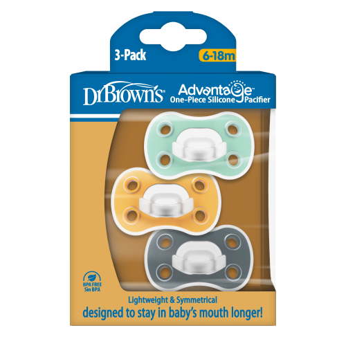 Dr. Brown's Advantage One-Piece Silicone Baby Pacifier Fully Symmetrical 6-18M 3 Pack