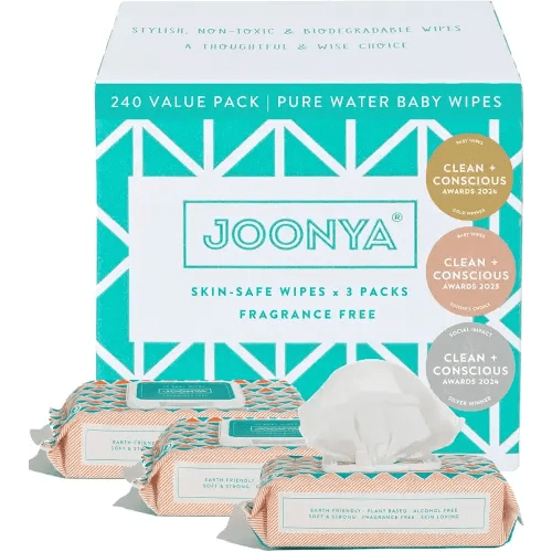 JOONYA Unscented Baby Wipes — Plant-Based, Fragrance-Free Diaper Wipes | Hypoallergenic, Non-Toxic, Compostable & Biodegradable Wet Wipes for Sensitive Newborn Skin | 3 Packs of 80 Wipes (240 Total)