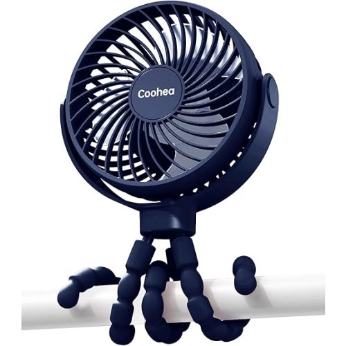 Stroller Fan USB Rechargeable Small Fan Battery Operated Portable Fan Cooling Fan with Flexible Tripod Clip on for Baby Stroller Car Seat Crib Golf Cart Treadmill, 3 Speeds Wind, Navy Blue