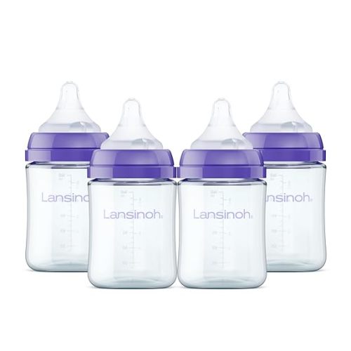 Lansinoh Anti-Colic Glass Baby Bottles, 5 Ounces, 4 Count Bottles for Feeding, Baby Essentials, Includes 4 Extra Slow Flow Nipples, Size XS