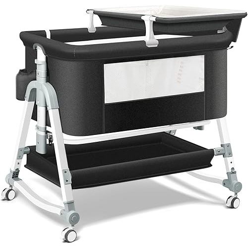 4 in 1 Baby Bassinet Bedside Sleeper, Portable Bassinet with Wheels, Baby Crib with Changing Station, Included Mattress for Storage, Foldable Travel Bedside Bassinet for Baby/Newborn 0-6months (Black)