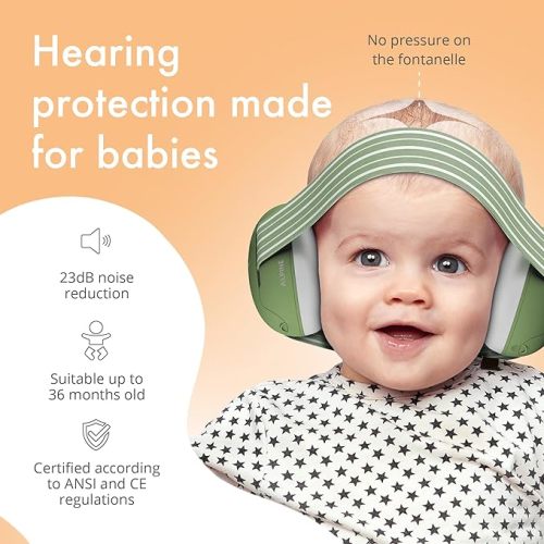 Muffy Baby Ear Protection for Babies 3mo - 36 Months - Certified - Noise Reduction Earmuffs - Comfortable Baby Headphones Against Hearing Damage & Improves Sleep - Green
