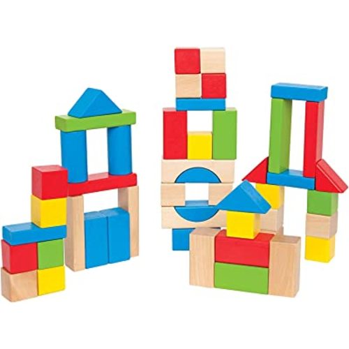 Hape Maple Wood Kids Building Blocks Stacking Wooden Block Educational Toy Set for Toddlers, 50 Brightly Colored Pieces in Assorted Shapes and Sizes