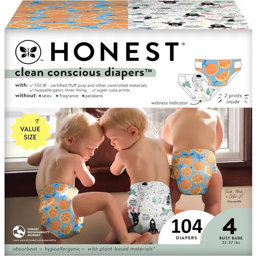 The Honest Company Clean Conscious Diapers | Plant-Based, Sustainable | Space Travel + Orange You Cute | Super Club Box, Size 4 (22-37 lbs), 104 Count
