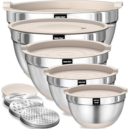 Umite Chef Mixing Bowls with Airtight Lids Set, 8PCS Stainless Steel Khaki Nesting Bowls with Grater Attachments, Kitchen Bowls with Non-Slip Bottoms, Size 5, 4, 3.5, 2, 1.5QT for Mixing & Serving