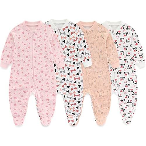 Newborn Baby One-Piece Footies Romper 2-Way Zip Cotton Bodysuit Long-Sleeve Jumsuit 4-Pack, 0-12 Months