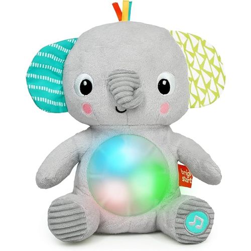 Bright Starts Hug-a-Bye Baby Elephant Stuffed Animal Musical Toy, Soft Toy Soother Plays Songs & Lights up, Newborn and up