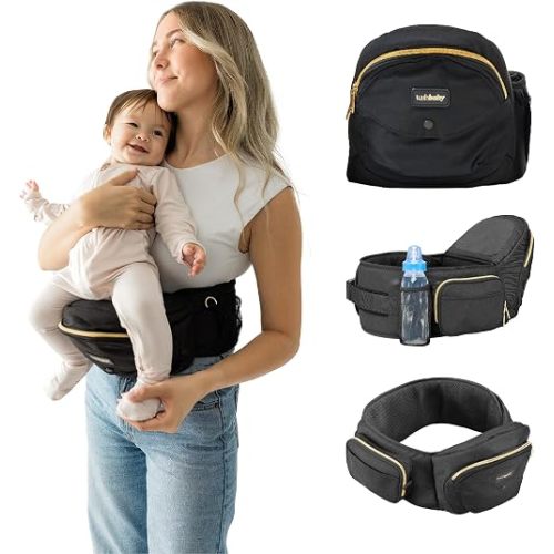 Tushbaby Original Hip Seat Baby Carrier for Babies & Toddlers up to 45 lbs, Safety Certified, Lightweight No-Foam Design with Storage, Black & Gold