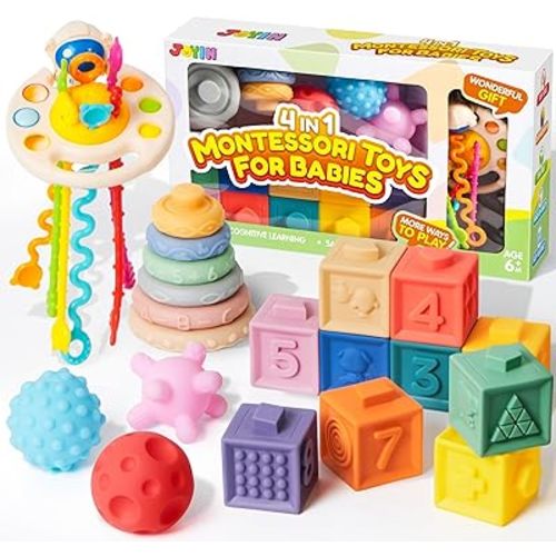 JOYIN Baby Toys - Montessori Toys for Babies 6-12 Months, Food-Grade Sensory Toys, Infant Stacking Circles Teether, Blocks, 3D Stress Balls, Pull String, Learning Gifts for Baby Girls Boys