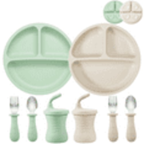 PandaEar Silicone Baby Feeding Set | 2 Silicone Divided Suction Plate and 2 Toddler Cup with 4 Silicone Stainless Spoons & Forks| BLW Supplies Self Feeding Eating Utensils (Sea Mist/Bone)