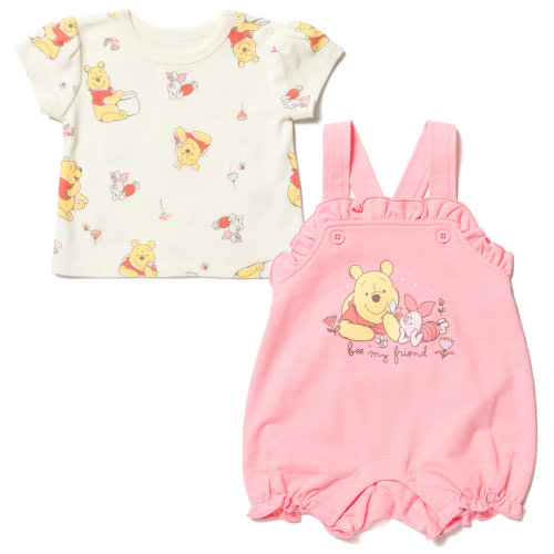 Disney Winnie the Pooh Piglet Newborn Baby Girls French Terry Short Overalls and T-Shirt Newborn to Infant