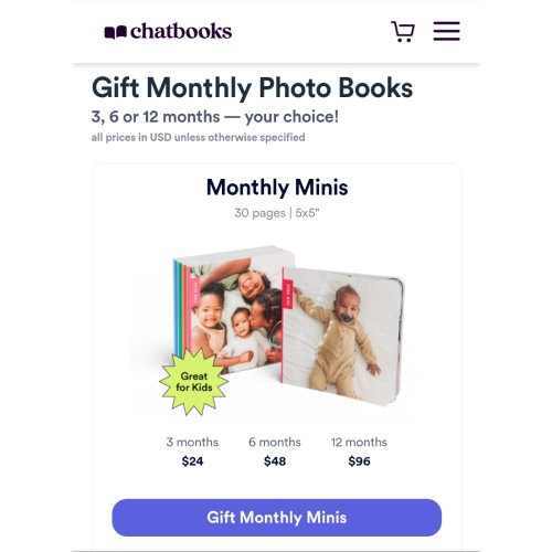 Chatbooks | Gift Monthly Minis Photo Books | 12-month Subscription