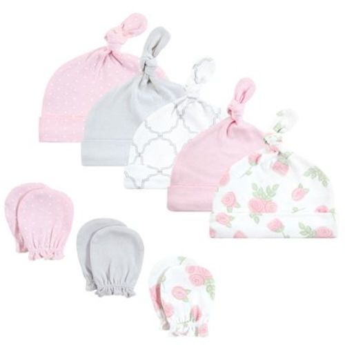 Hudson Baby Infant Girl Cotton Cap and Scratch Mitten Set, Rose, 0-6 Months