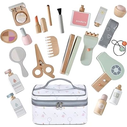 Wooden Makeup Toy Set for Toddler Pretend Play 22 PCS Wood Beauty Salon Toys Cute Wooden Makeup Kit with Realistic Accessories Gift for Girls 3 4 5 6