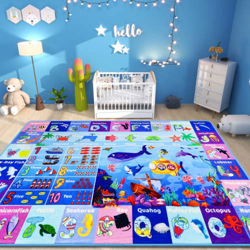 AKASISRUG ABC Kids Rug for Playroom 59"×39.4" Ocean Rug Baby Play Mat Alphabet Rug Sea Animal Number Shape Classroom Rug Kids Playroom Rug Early Learning Carpet for Preschool Toddlers