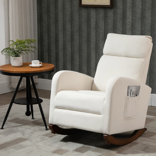 HOMHUM Mid-Century Nursery Rocking Chair, Upholstered Velvet High Back Arm Chair, Adult, Beige