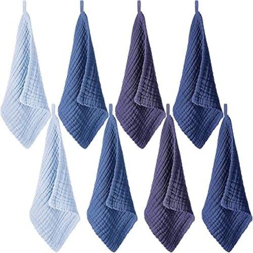 8 Pcs Baby Washcloths for Newborn 12 x 12 Inch Muslin Face Towels Cotton Absorbent for Delicate Skin Soft Muslin Cloth Reusable Baby Registry as Shower Gift, 4 Colors (Dark Blue)