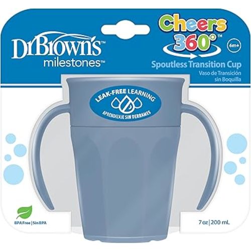 Dr. Brown's Milestones Cheers 360 Cup Spoutless Transition Cup with Handles for Easy Grip & Leak-Free Learning, Blue, 7oz/200mL, 6m+ (Colors May Vary)