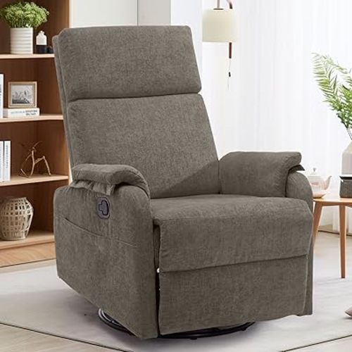 Recliner Chair, Swivel Rocking Recliner Chair for Adults, Glider Rocking Chair, Small Nursery Chair Recliner for Living Room, Reclining Chair with Modern-Designed Armrests, Chenille, Brown