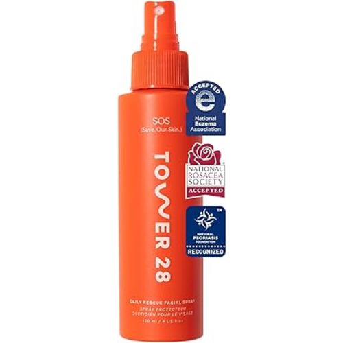 Tower 28 SOS Daily Rescue Facial Spray for Sensitive Skin, Hypochlorous Acid Spray Helps Reduce Redness and Breakouts, Full Size Toner for Face, 4 FL Oz