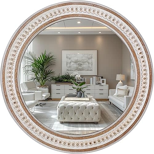 24 Inches Rustic Wooden Round Mirrors for Wall Decor, Farmhouse Decorative Circle Mirror for Bathroom, Entryway, Bedroom, Living Room, Entryway