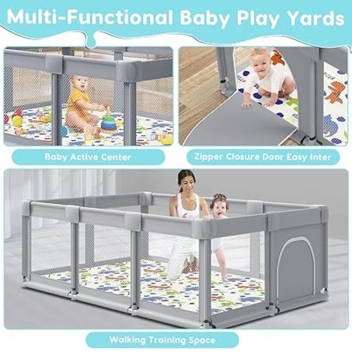74" ×50" Large Baby Playpen, Baby Playard for Babies and Toddlers, Baby Fence Play Pens for Indoor & Outdoor, Sturdy Safety Play Yard with Soft Breathable Mesh, Anti-Fall, Grey (with MAT) - 74*50 IN+MAT