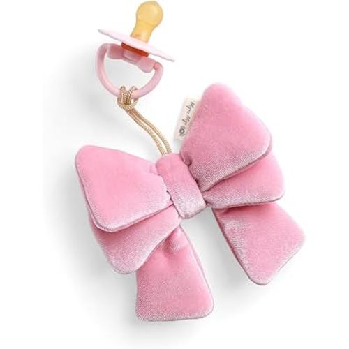 Itzy Ritzy Pacifier & Lovey Set - Natural Rubber Paci with Stuffed Animal Lovey - Detachable Velour Bow Pacifier Holder & Coordinating Natural Rubber Soother, Ideal for Ages 0-6 Months (Bow)