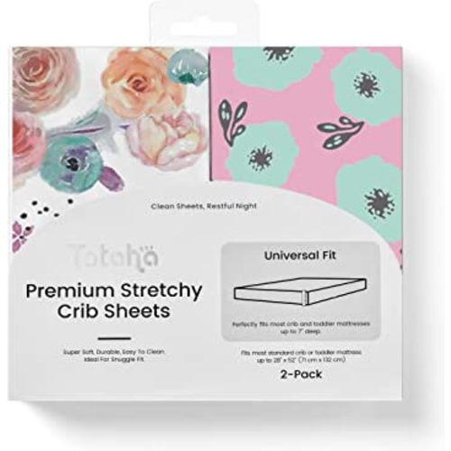 TotAha Premium Stretchy Crib Sheets (2-Pack)-Hypoallergenic, Silky Comfort, Buttery Soft, Calming Effect, All-Season Jersey-Knit Sheets, 9'' Extra Deep Pocket (Colorful Flora & Blue Flowers)