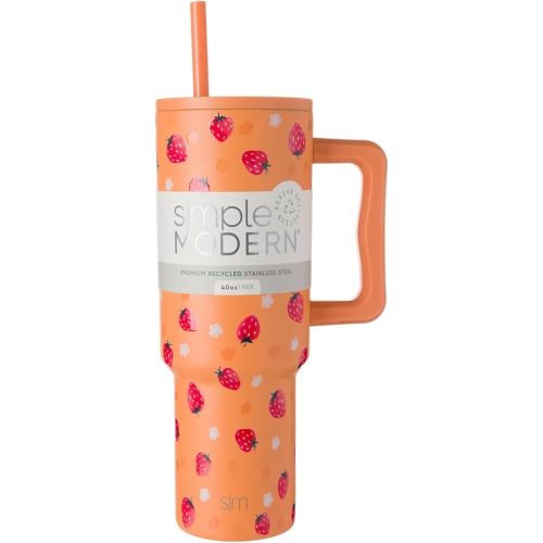 Simple Modern 40 oz Trek Tumbler with Handle and Straw Lid | Cup Holder Friendly Insulated Stainless Steel Travel Mug | Strawberry Fields