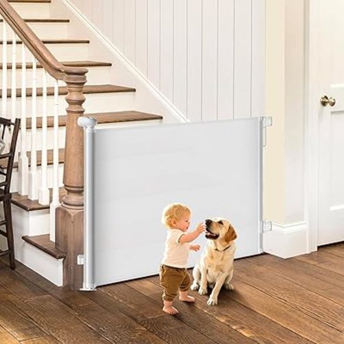 Retractable Baby Gate for Stairs, 55" Wide Mesh Dog Gate, Safe, Sturdy, Easy to Fit, 34'' Tall Baby Gate for Stairs, Doorways, Hallways, Deck, Indoor Outdoor, One-Hand Operation, White