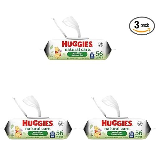 Huggies Natural Care Sensitive Baby Wipes, Unscented, Hypoallergenic, 99% Purified Water, 1 Flip-Top Pack (56 Wipes Total) (Pack of 3)