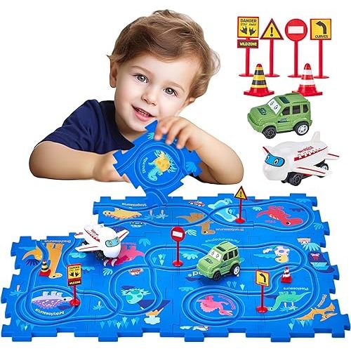 hahaland Puzzle Racer Kids Car Track Set - 5x5 Inches Larger Size of Each Piece Toys for Ages 2-4 for Kids 3 Year Old Boy Toys for 3-5 Easter Gifts