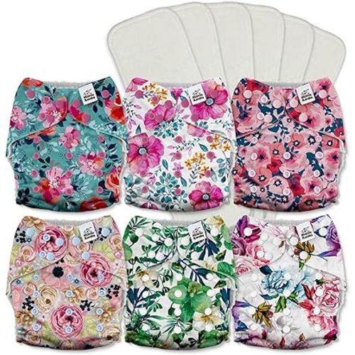 Mama Koala 3.0 Pocket Cloth Diapers for Babies with AWJ Lining, 6 Pack with 6 5-Layer Natural Cloth Diaper Inserts - Reusable and Washable Pocket Diapers(A-Bloomin' Lovely)