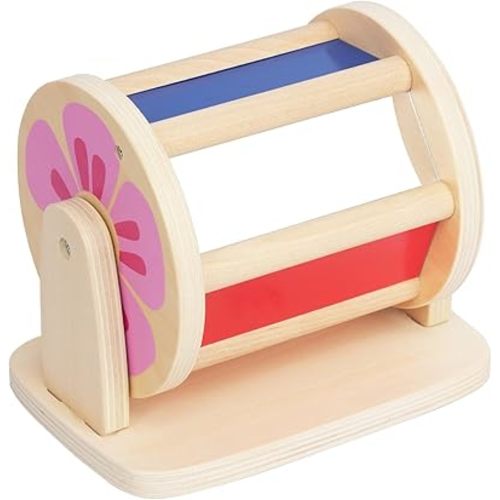 Montessori Spinning Drum Baby Toys, Wooden Tummy Time Mirror Play Kit and Rainbow Fabric Ball Kit Toys for 6-12 Months Toddlers