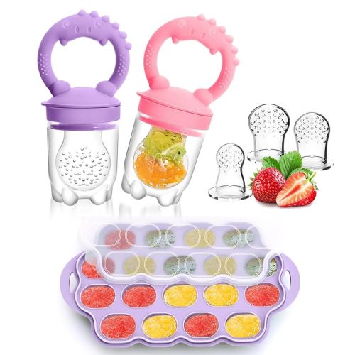 Silicone Baby Fruit Feeder & Breastmilk Popsicle Molds Freezer Tray with Lid, 2 Pack Baby Food Feeder to Teething Relief, Introduce New Foods, Self Feeding, Includes 6 Food Pacifiers (Purple+Pink)