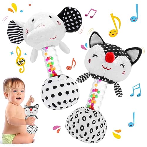 FPVERA Baby Soft Rattles Shaker: Infant Developmental Hand Grip Baby Toys, High Contrast Black and White Newborn Sensory Toys Rattle Toy 0 3 6 9 12 Months for Babies Boys Girls Shower Gift, 2PCS