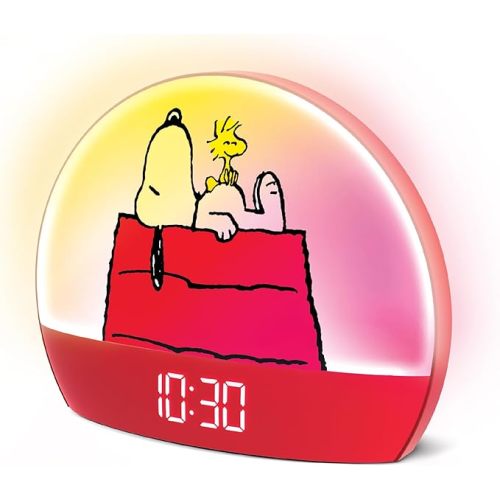 Peanuts Snoopy Sunrise Alarm Clock – Vibrant Snoopy Edition with Multicolor Lights, USB Charging, LED Display, Gentle Wake-Up Simulation, and Handy Snooze Function, Red