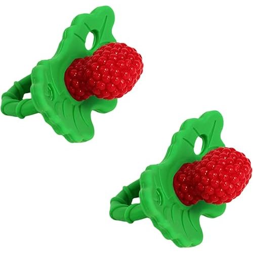 RaZbaby RaZberry Silicone Baby Teether Toy - Berrybumps Soothe Babies Sore Gums - Infant Teething Toy - Hands Free Design - BPA Free - Easy-to-Hold Design - Teething Relief Pacifier - Fruit Shape (2-Pack, Red/Red)