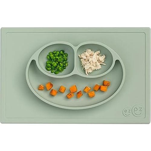 ezpz Happy Mat - 24 Months+ (Sage) - 100% Silicone Suction Plate with Built-in Placemat for Toddlers + Preschoolers - Divided Toddler Plates - Toddler Essentials