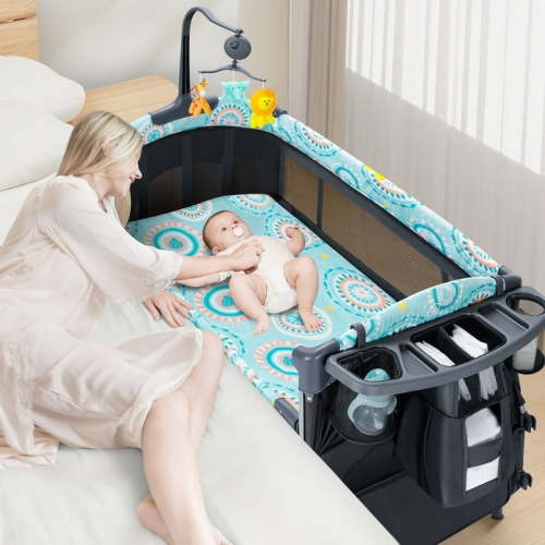 YISUFO Foldable Baby Bedside Bassinet, 5-in-1 Baby Bed Playard with Changing Table, Storage Shelf, Music for Newborn Toddlers, 0-36 Months